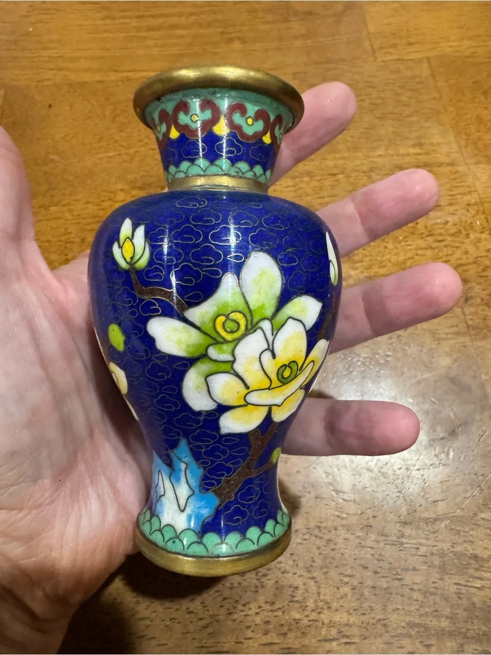 Vintage Blue Chinese Floral Cloisonné Accent Mini Vase - Home Accents